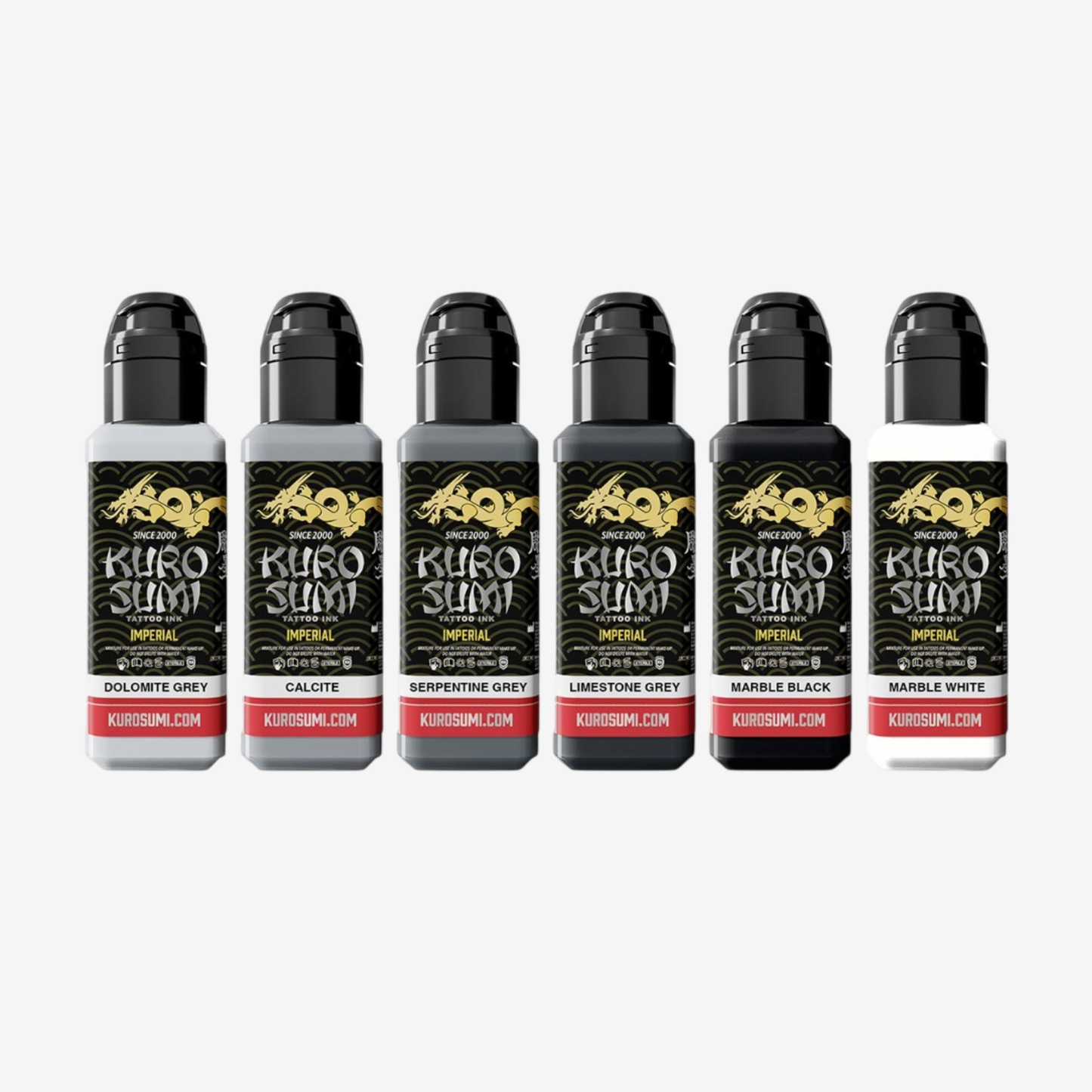 Set of Kuro Sumi tatotoing inks bottles on a white background