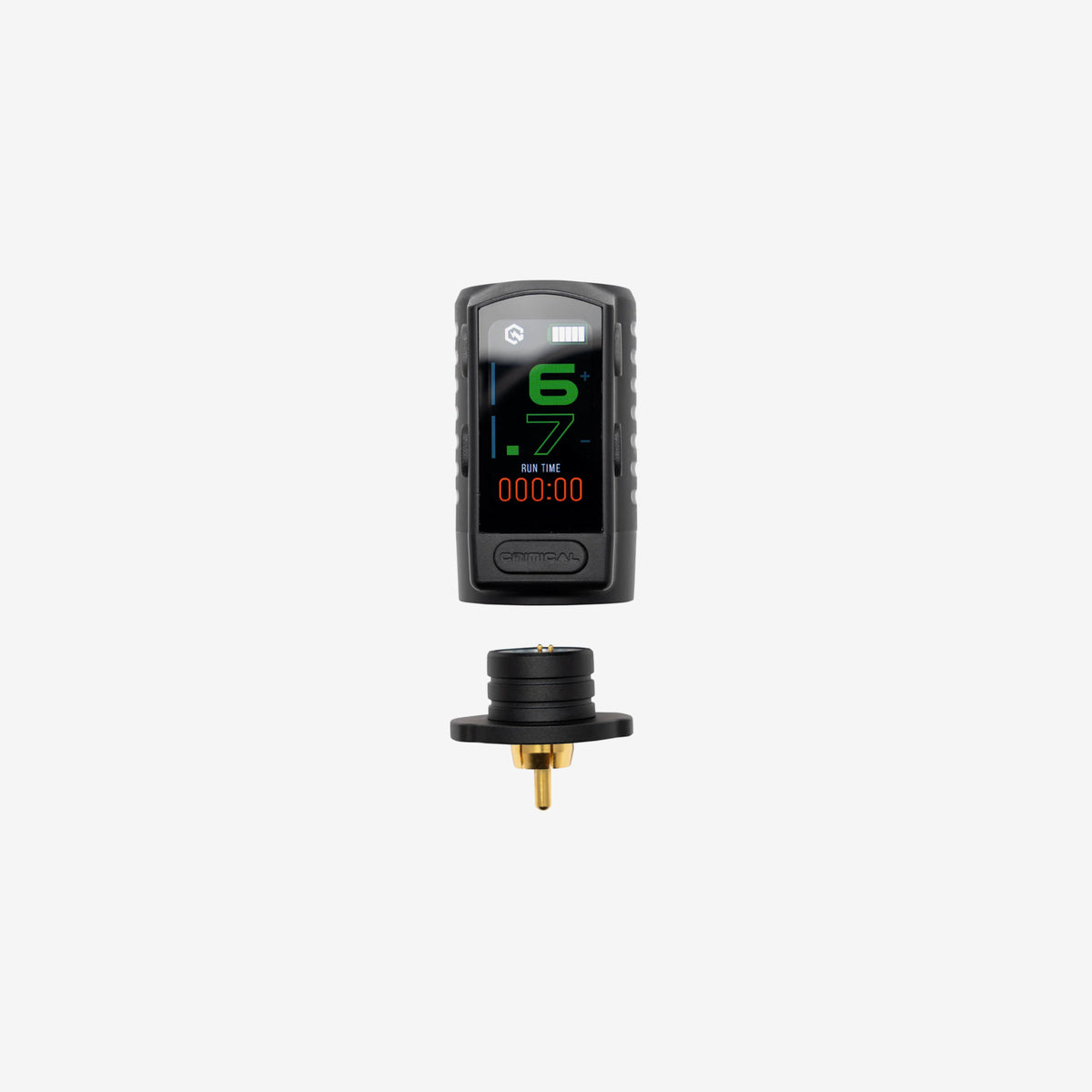 A black battery for pen tattoo machines with magnetic conector or RCA adapter.