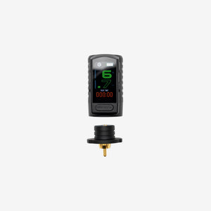A black battery for pen tattoo machines with magnetic conector or RCA adapter.