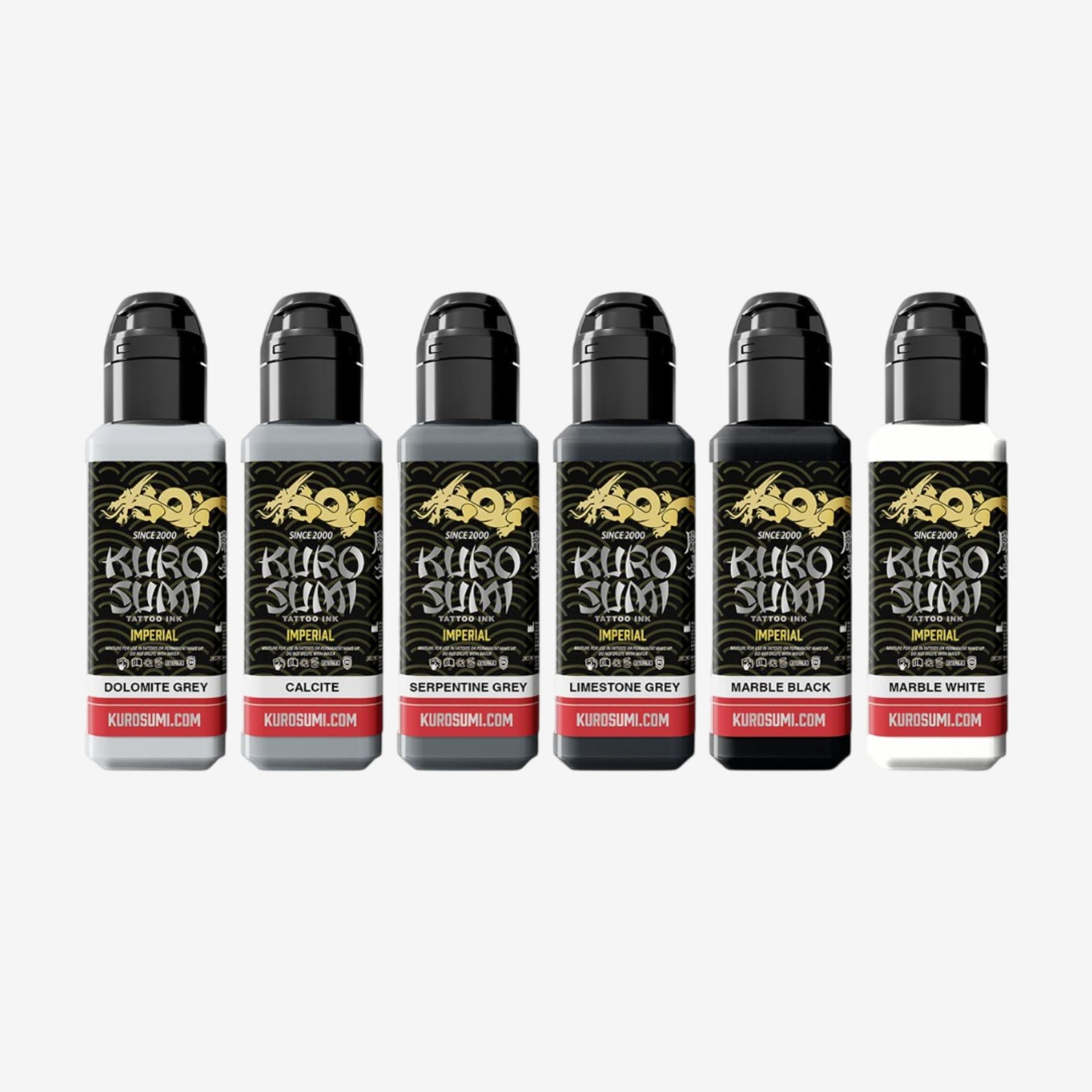 Set of Kuro Sumi tatotoing inks bottles on a white background