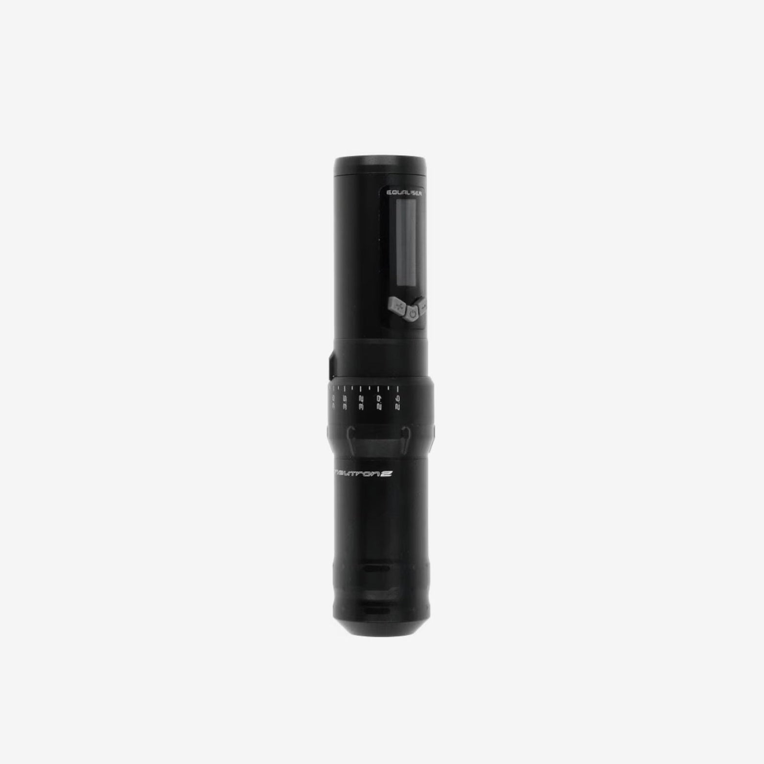 A black cylindrical flashlight or laser pointer device shown vertically against a plain light gray background.