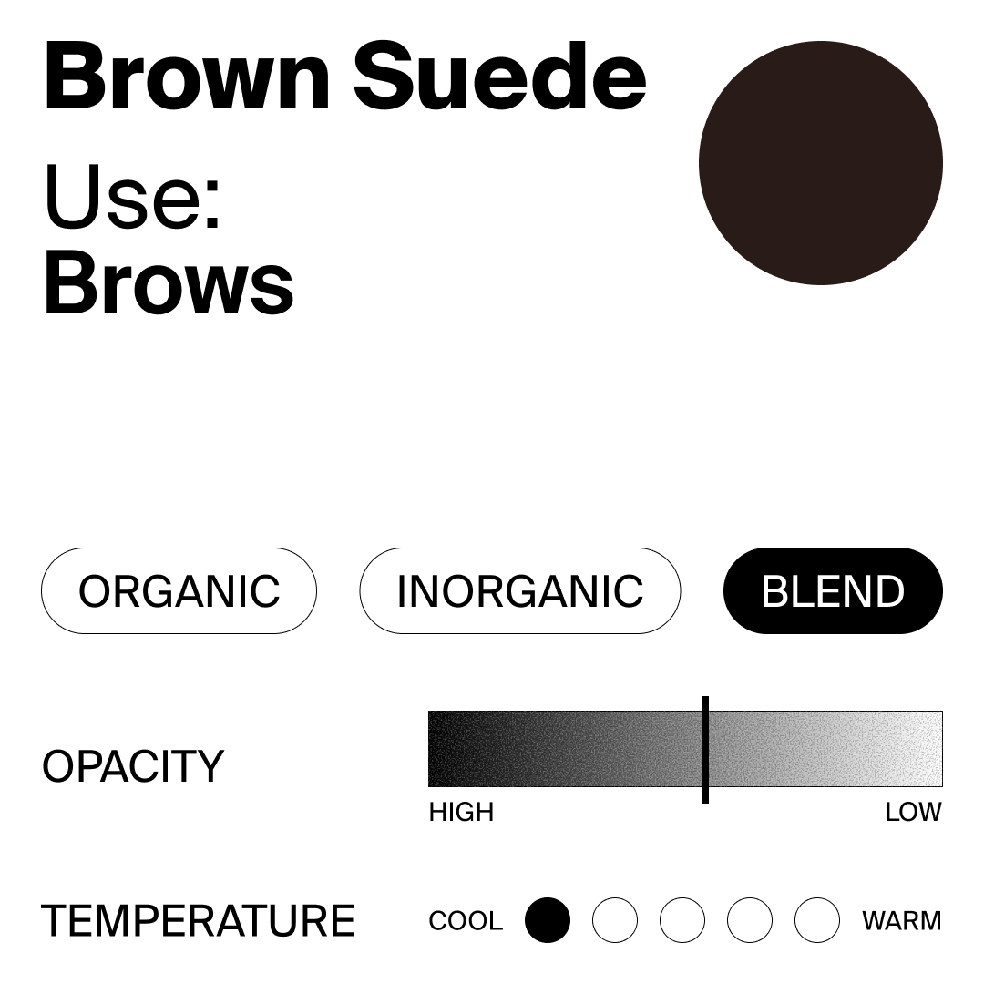 Color swatch labeled 'Brown Suede' by Perma Blend Luxe with options for organic, inorganic, blend, opacity, and temperature.