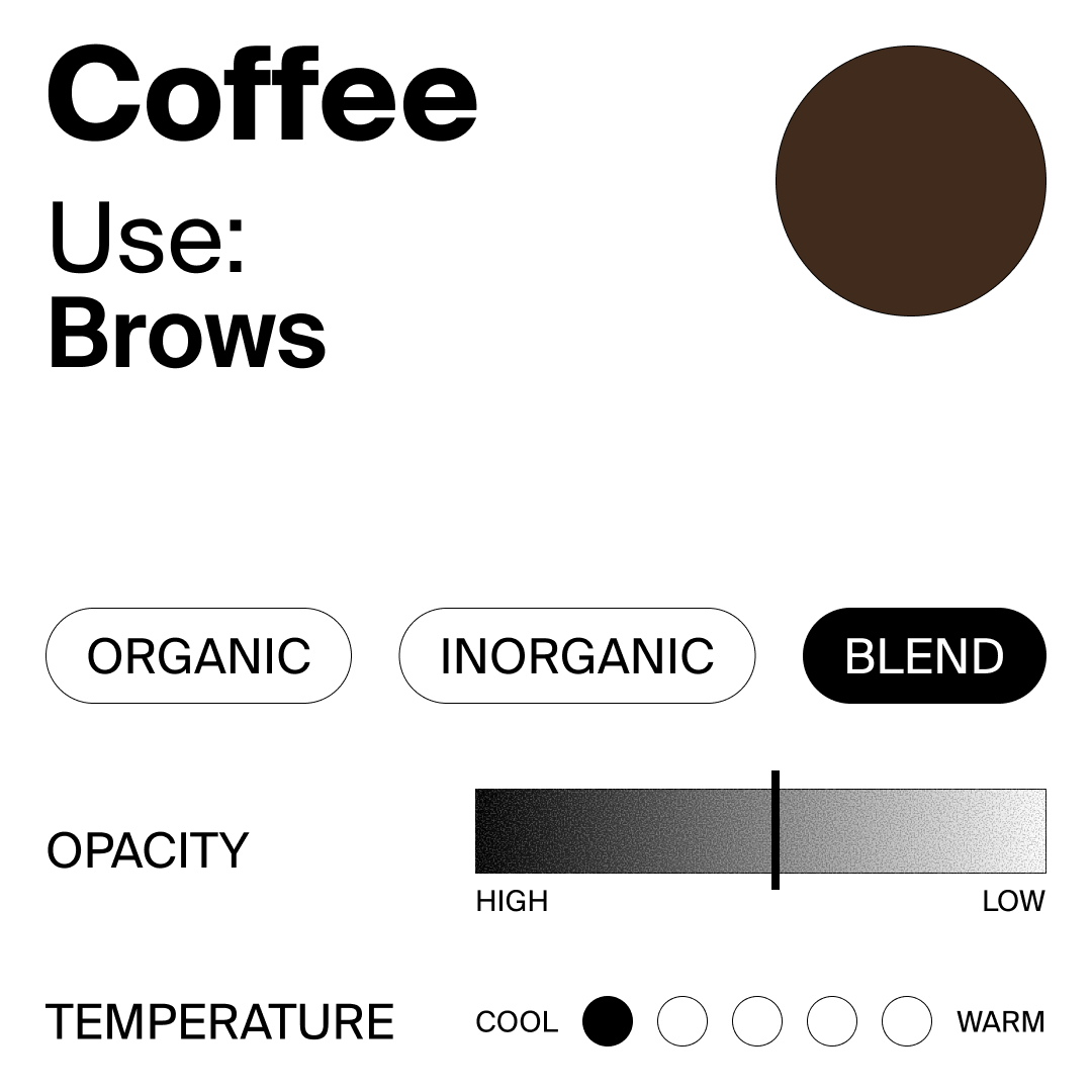 Color swatch with coffee brown shade, labeled for use as brows, with options for organic, inorganic, blend, opacity, and temperature.
