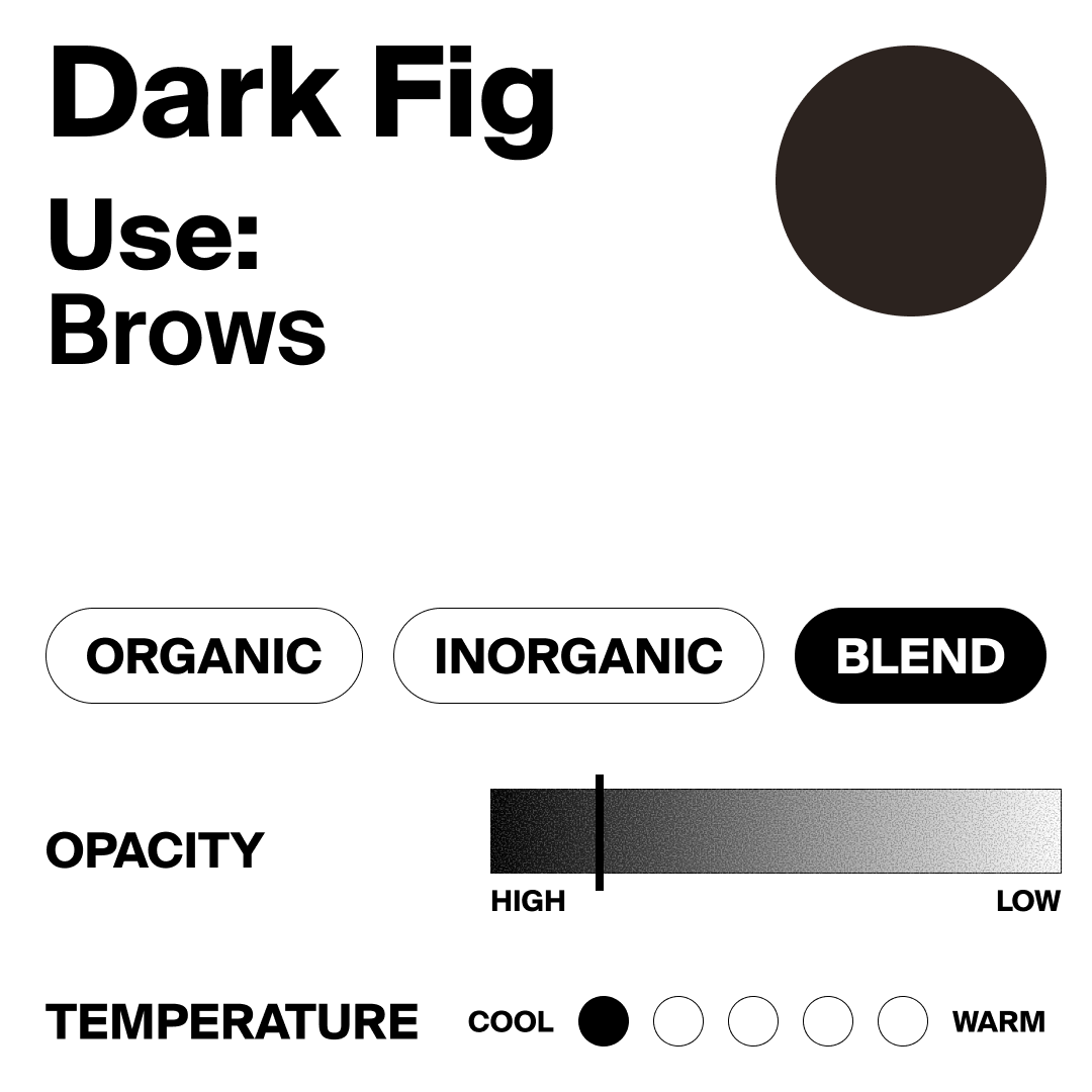 Color swatch with 'Dark Fig' labeled for use on brows, featuring a black circle and color options.