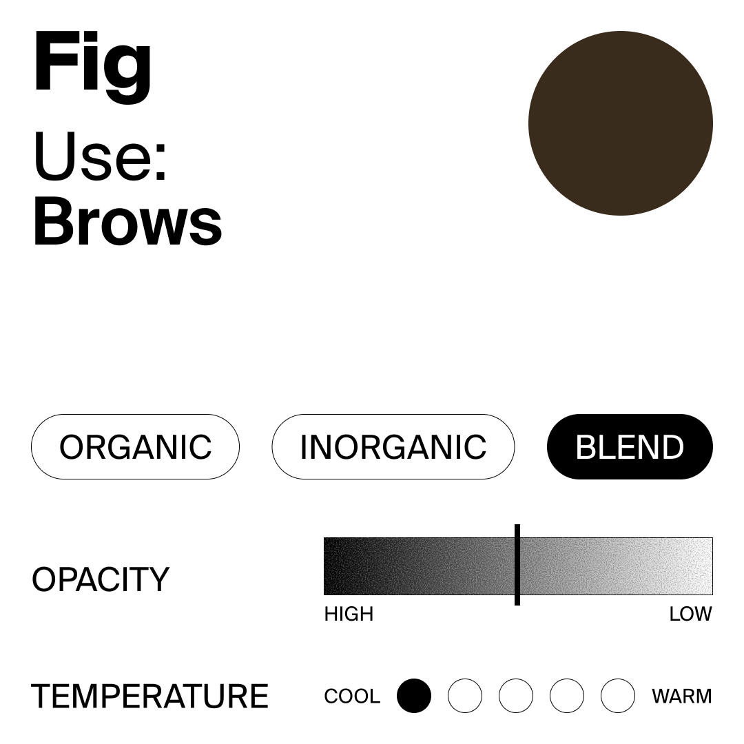 Color swatch with brown shade, labeled 'Fig Use: Brows', and color adjustment options on a white background.