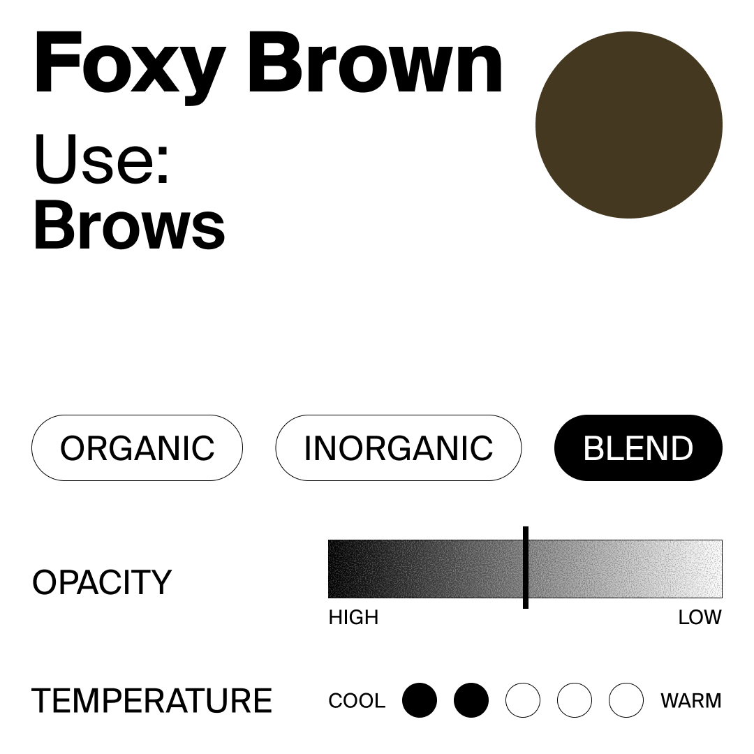 Foxy Brown color swatch with options for organic, inorganic, blend, opacity, and temperature on a white background.