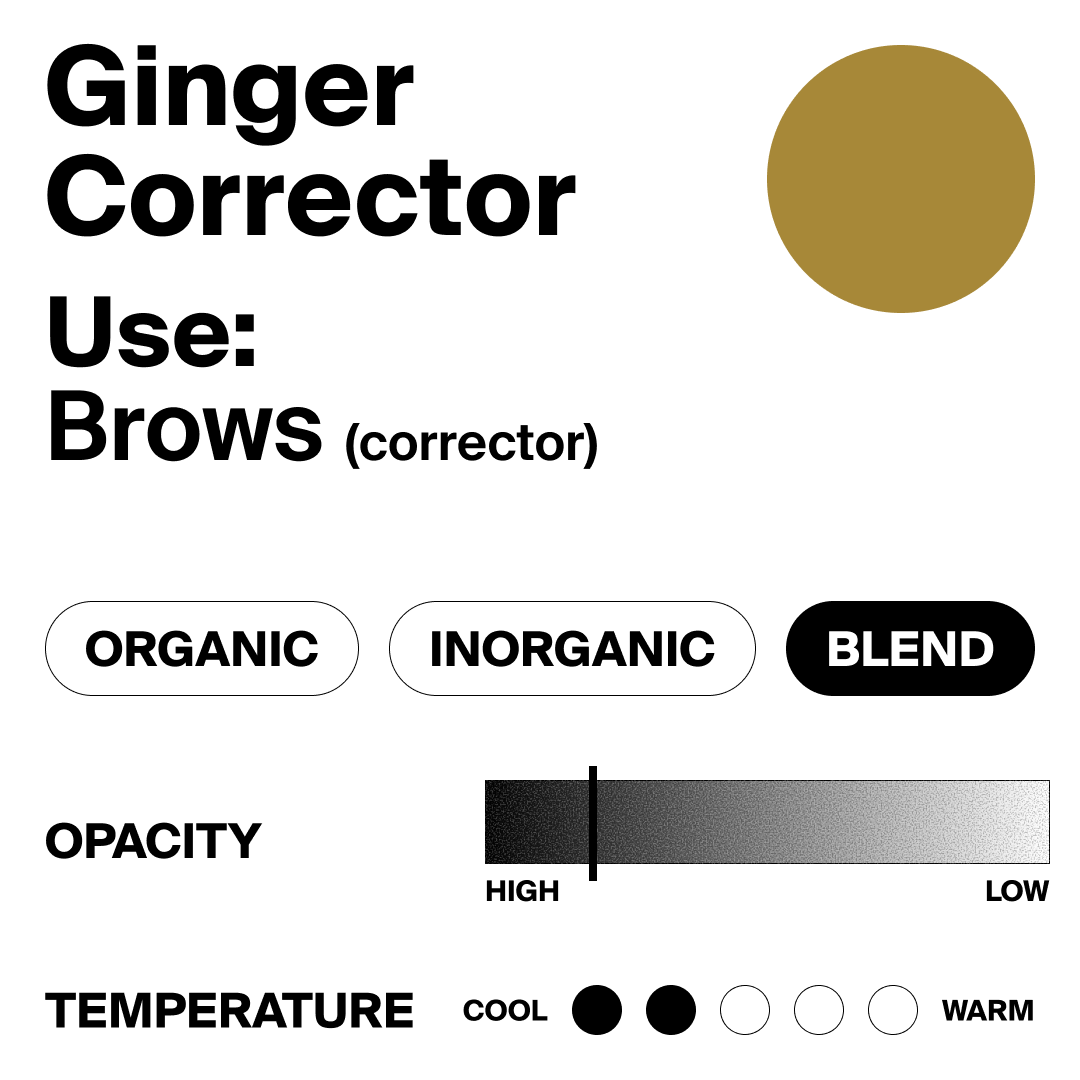Ginger Corrector product with color swatch, usage instructions, and control options on a white background.