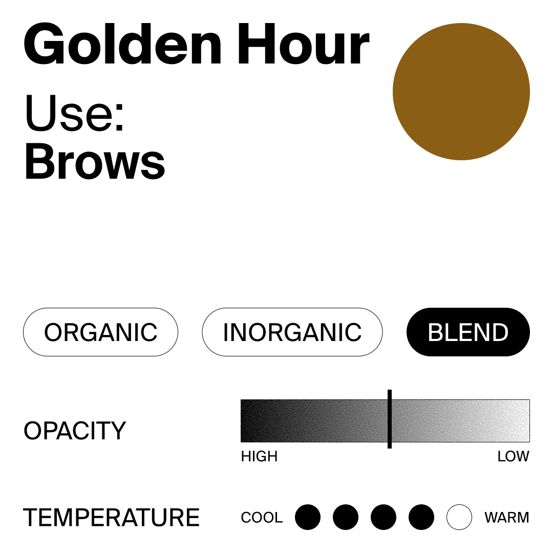 Color swatch for 'Golden Hour' with browns, labeled for use on brows, and color options for organic, inorganic, blend, opacity, and temperature.