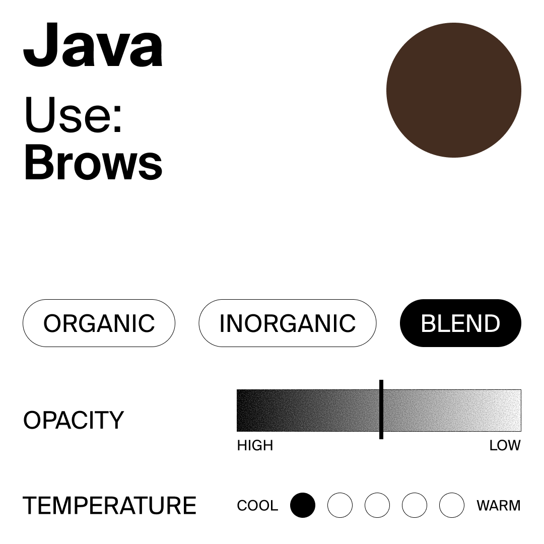Color swatch with Java brown, labeled for use in brows, and color properties like organic, inorganic, blend, opacity, and temperature.