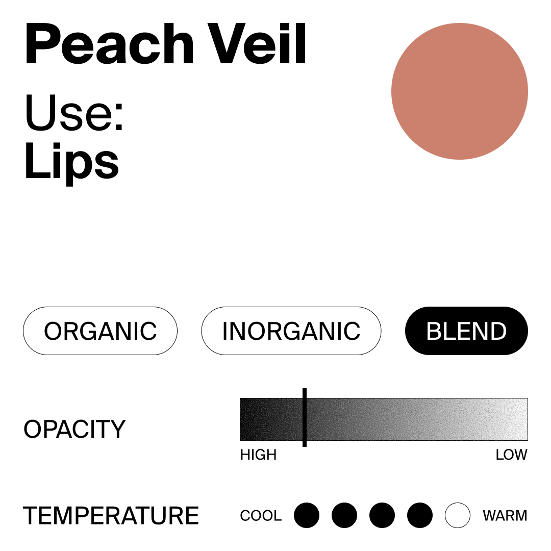 Peach Veil lip color swatch with options for organic/inorganic blend, opacity, and temperature on a white background.