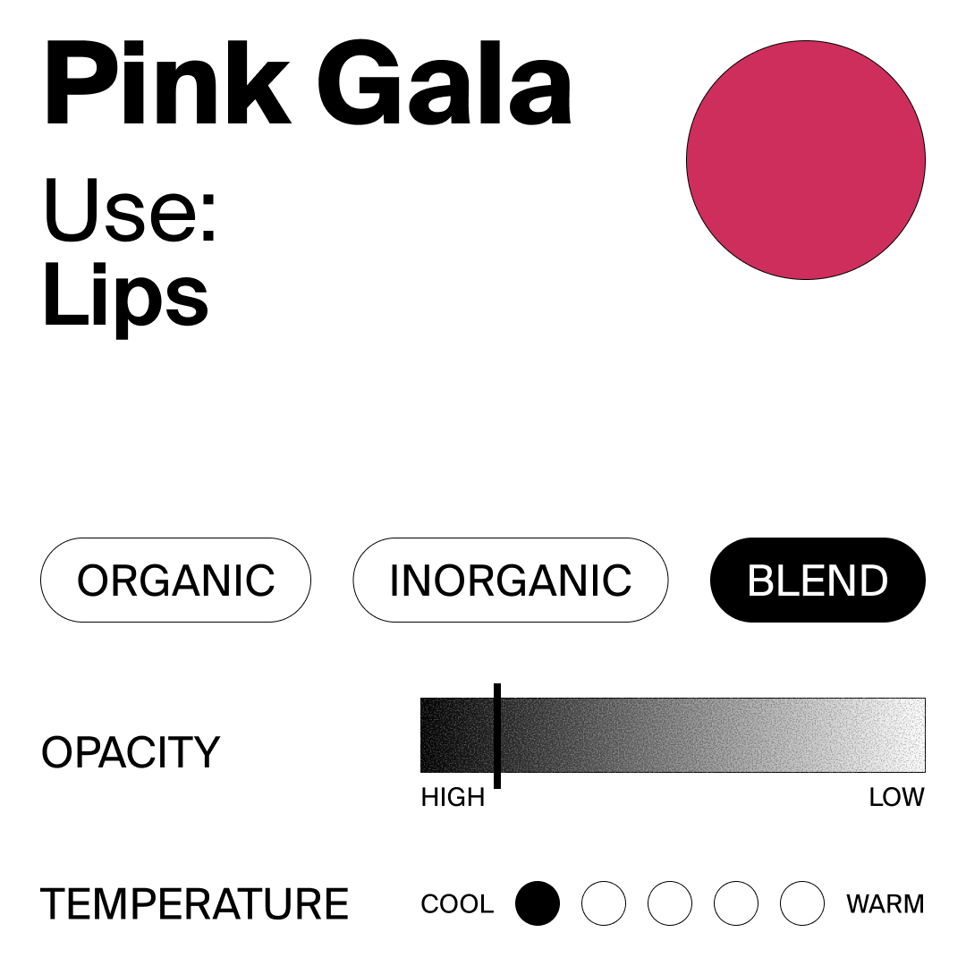 Color swatch for 'Pink Gala' with options for organic/inorganic blend, opacity, and temperature.