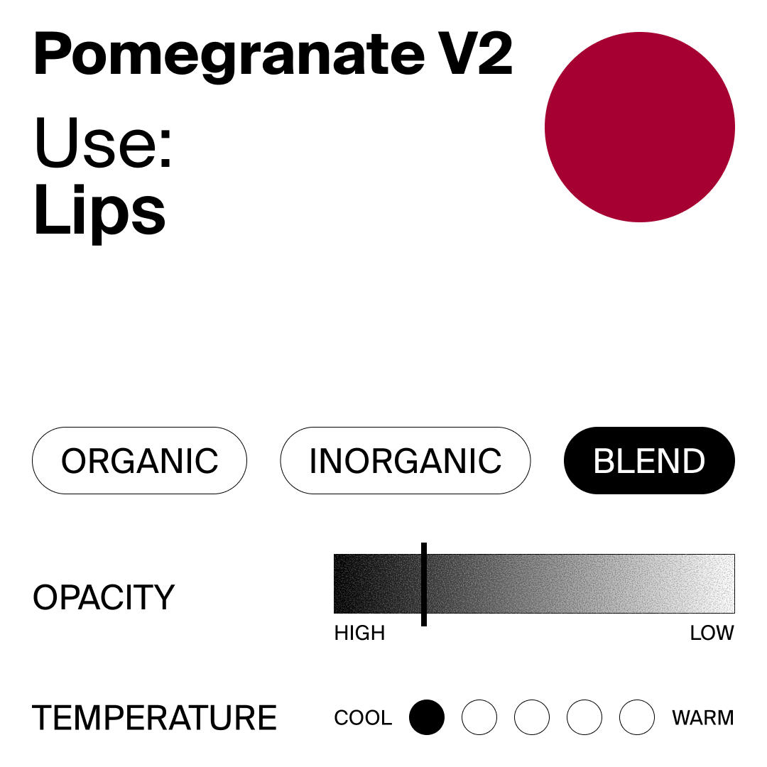 Color swatch labeled 'Pomegranate V2' by Perma Blend Luxe with options for organic, inorganic, blend, opacity, and temperature.