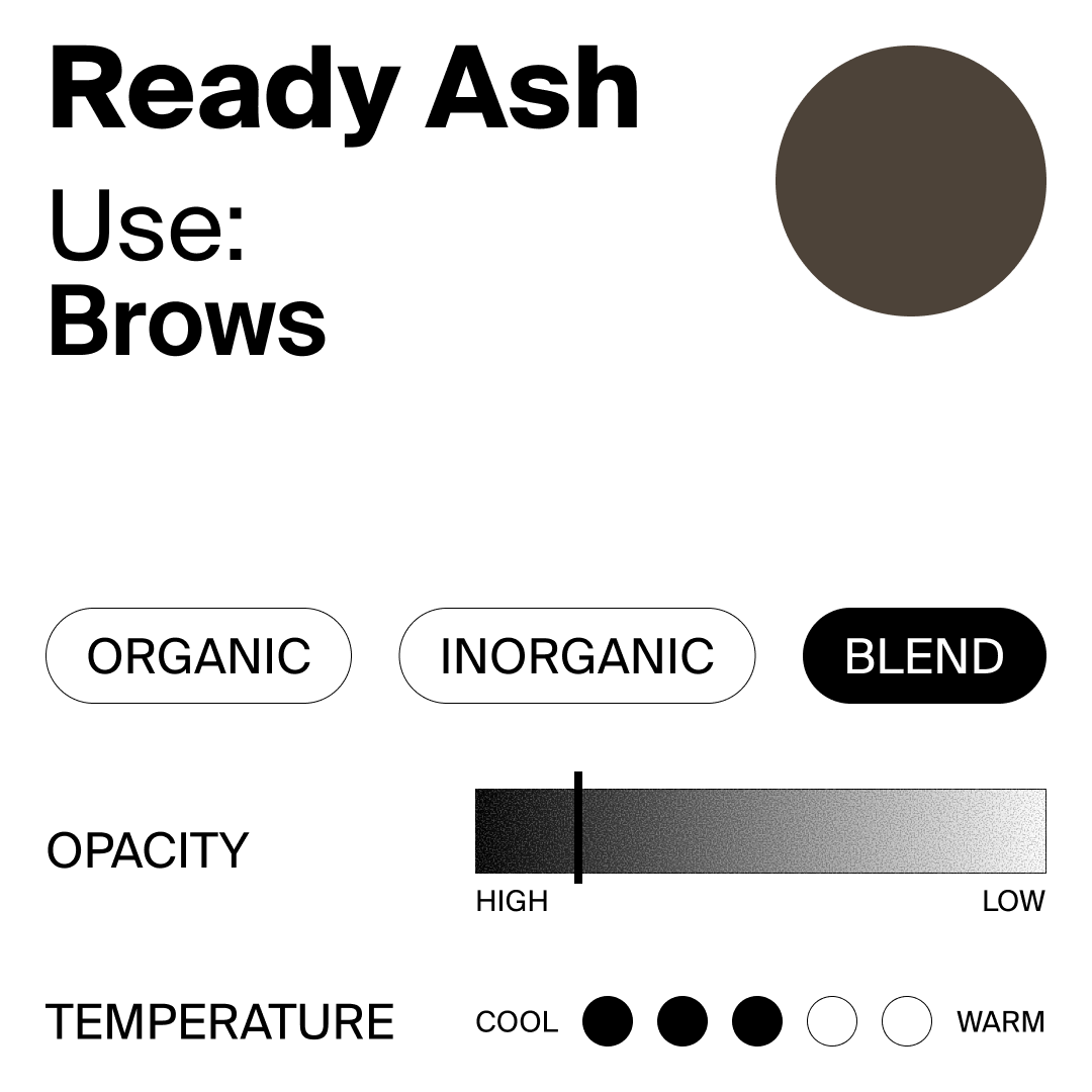 Product label for 'Ready Ash' by Perma Blend Luxe browns with color swatch, usage instructions, and color properties.
