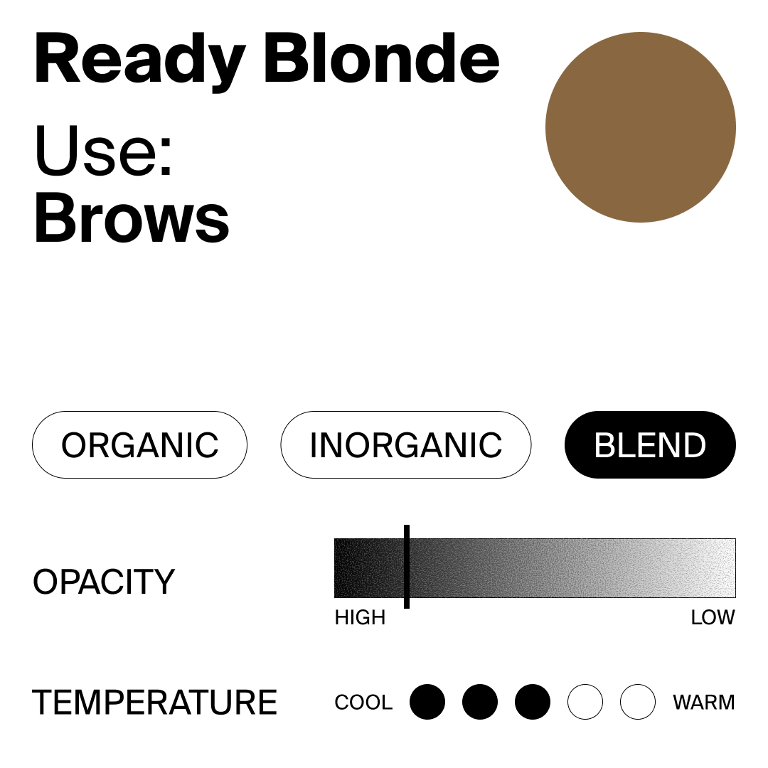 Color swatch for 'Ready Blonde' with brown shade, labeled 'Use: Brows', and color adjustment options.