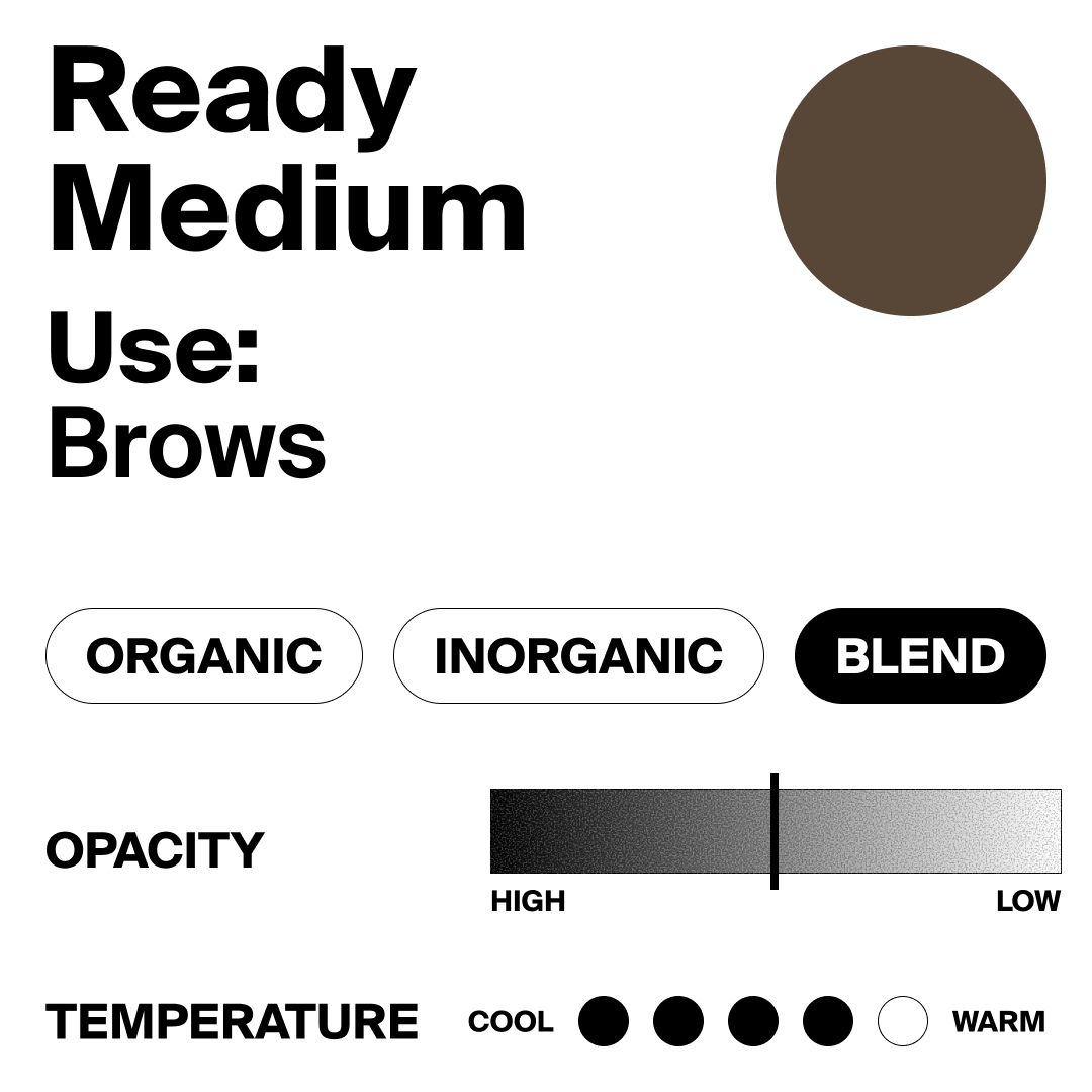 Cosmetic product label for 'Ready Medium' used for brows with color swatch, options, and temperature indicators.
