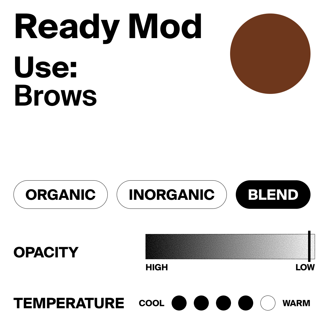 Cosmetic color swatch for brows with brown shade, labeled 'Ready Mod Use: Brows'.