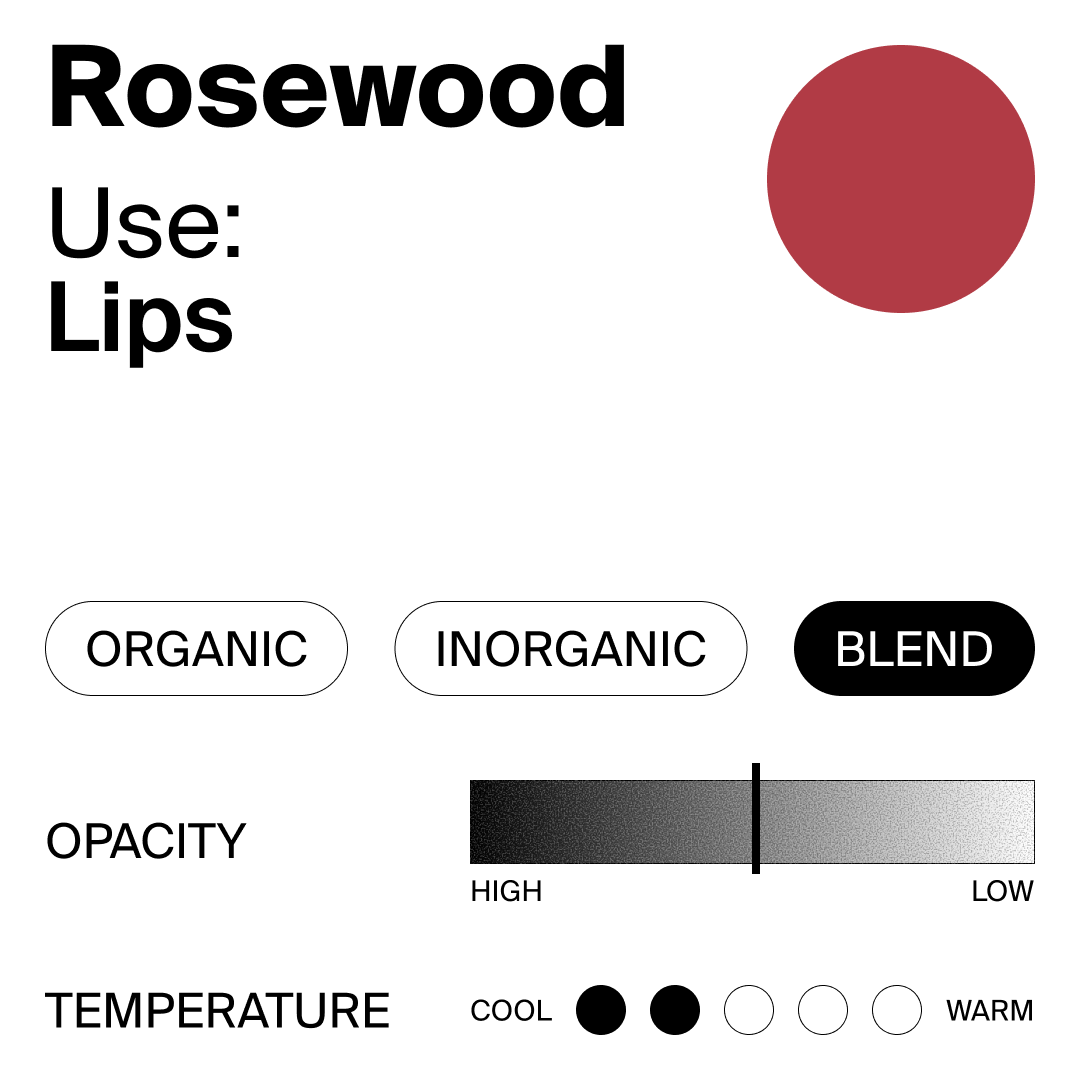 Rosewood color swatch with options for organic/inorganic blend, opacity, and temperature on a white background.