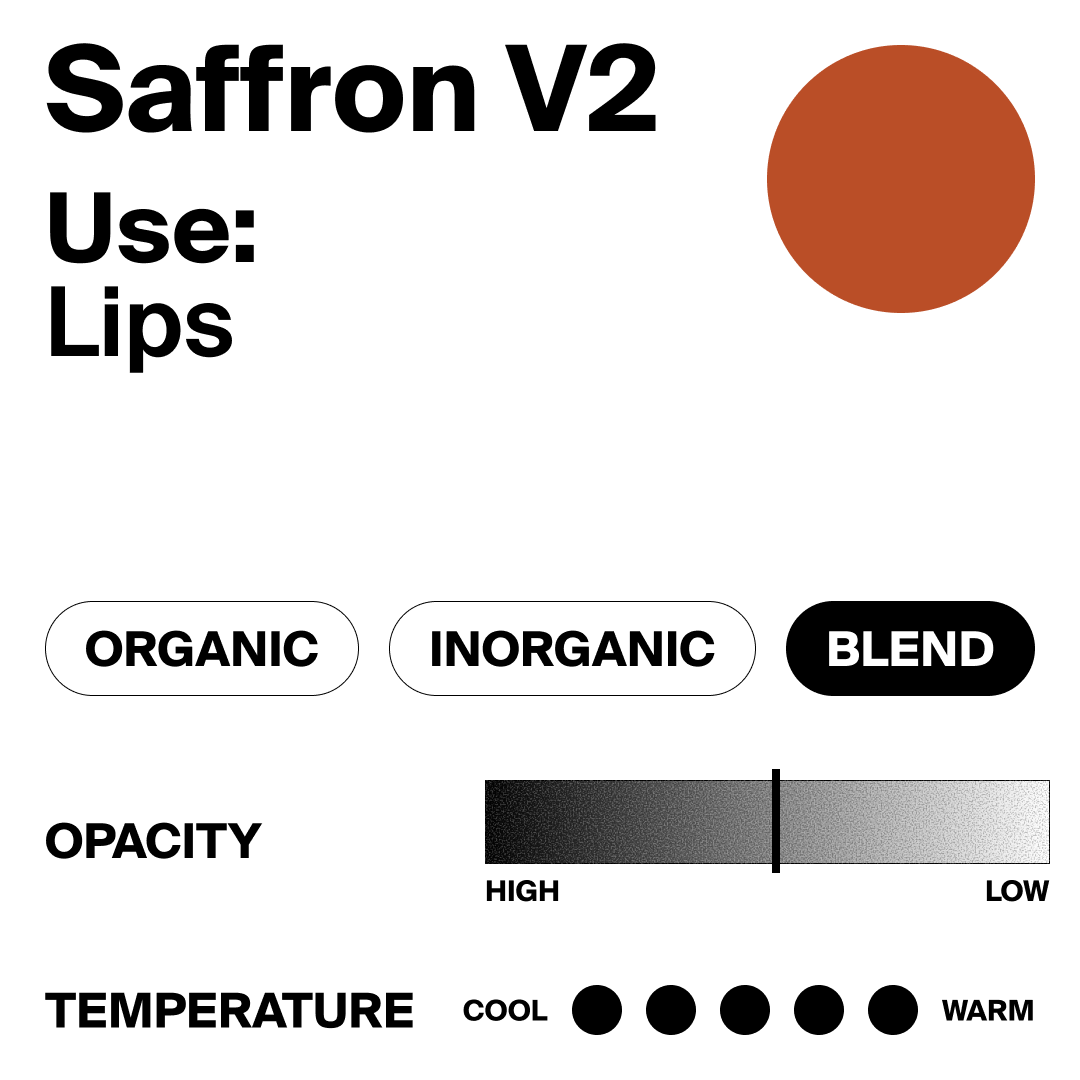 Color swatch with saffron V2 labeled, used for lips, and color options for organic, inorganic, blend, opacity, and temperature.