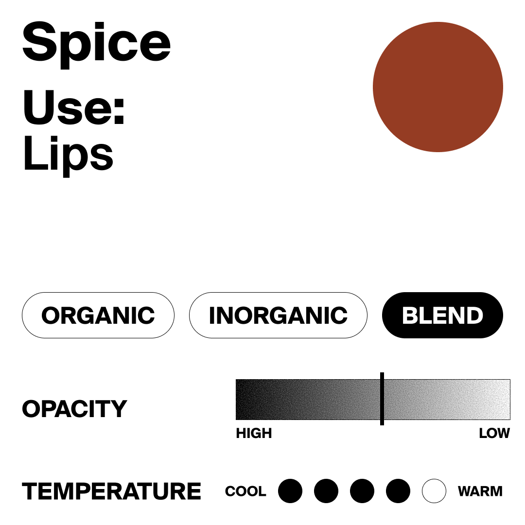 Color swatch with a brown circle labeled 'Spice Use: Lips' and color property options.