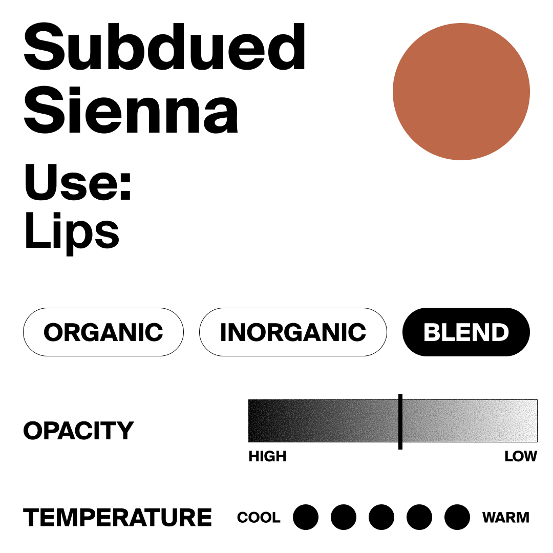 Color swatch labeled 'Subdued Sienna' with a brown circle, text, and color options on a white background.