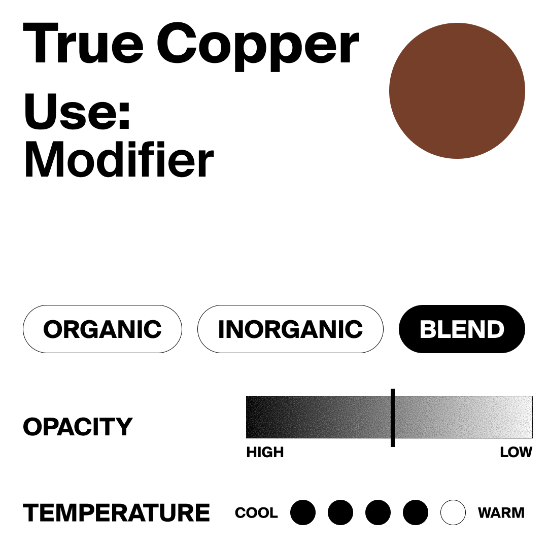 Color modifier card for 'True Copper' with a brown circle, text, and color swatches.
