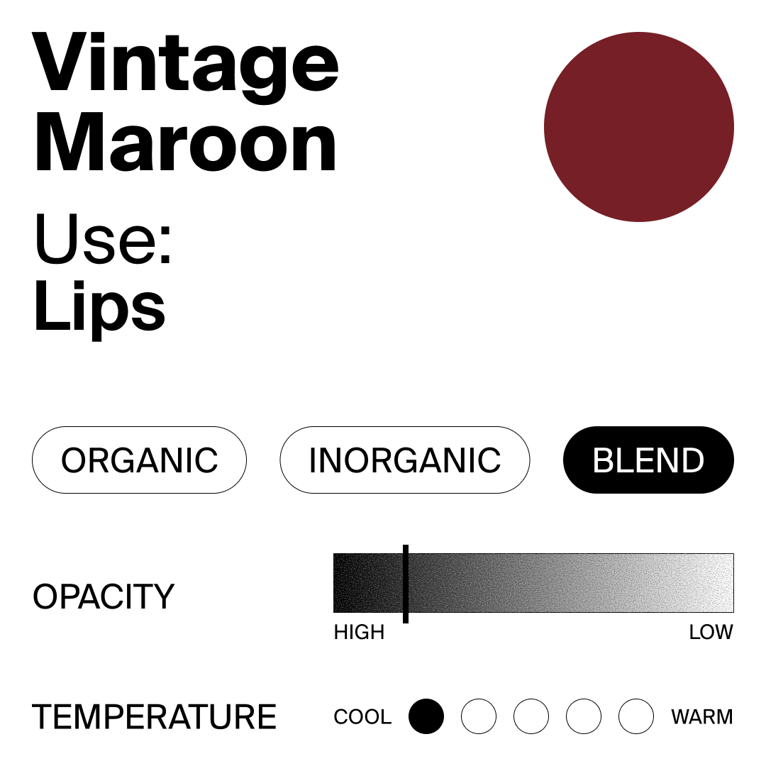 Vintage maroon color swatch with options for organic, inorganic, blend, opacity, and temperature on a white background.