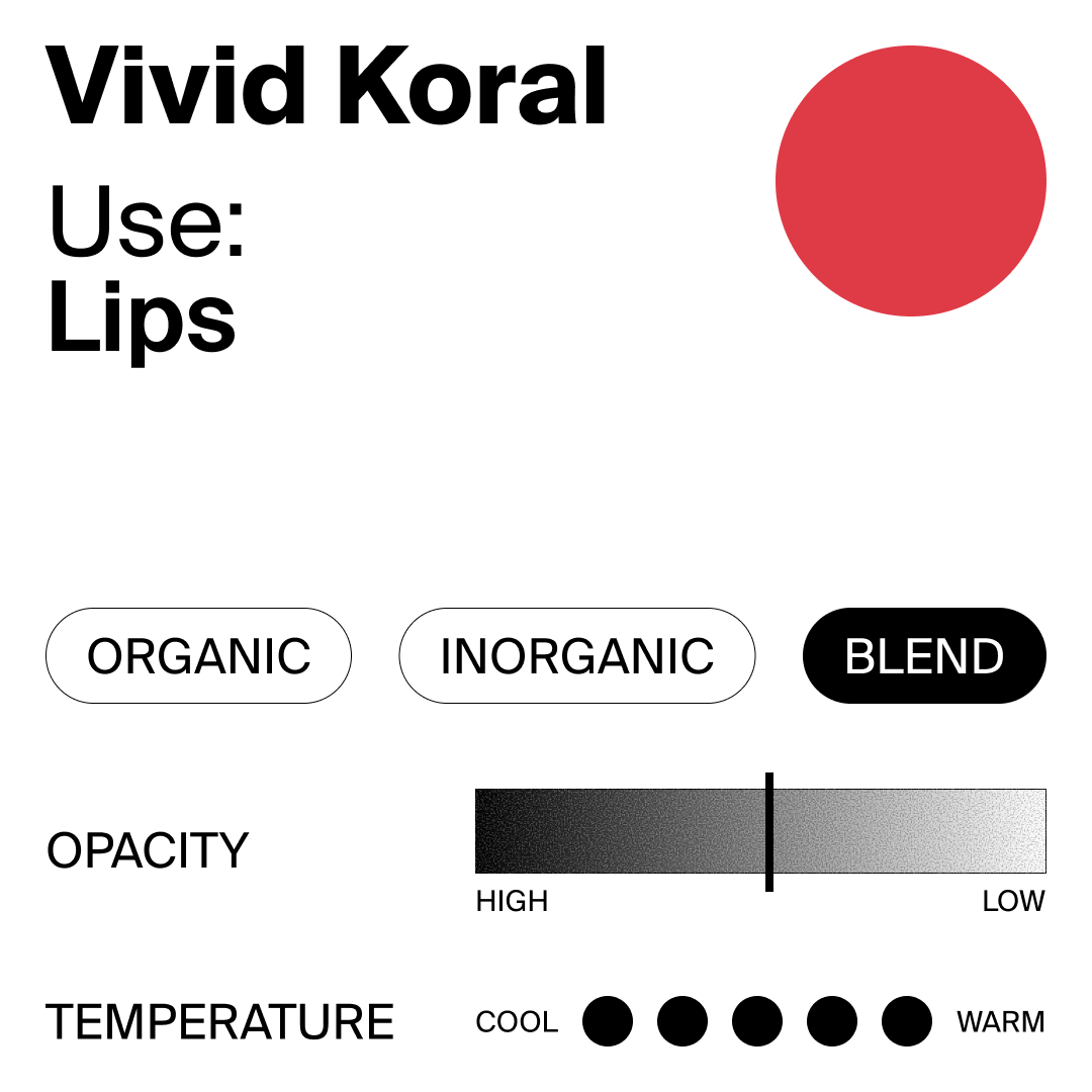 Vivid Koral by Perma Blend Luxe color swatch with red circle, control options, and text.