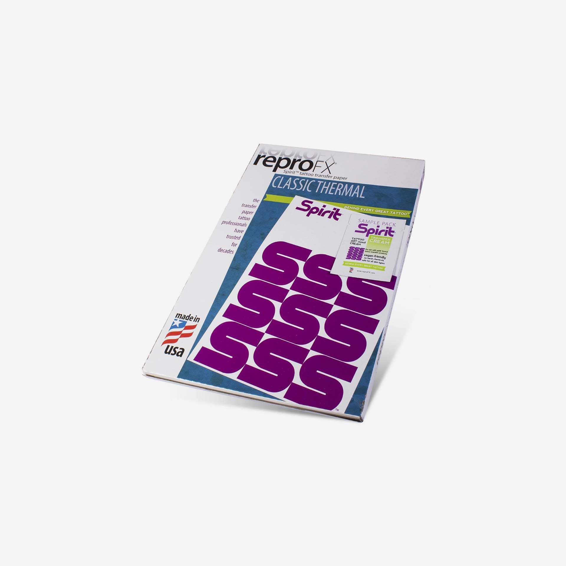 A package of reproFX Classic Thermal Spirit self-adhesive vinyl decals, featuring large purple 'SS' letters on a white and blue cardboard backing, photographed on a light gray background.